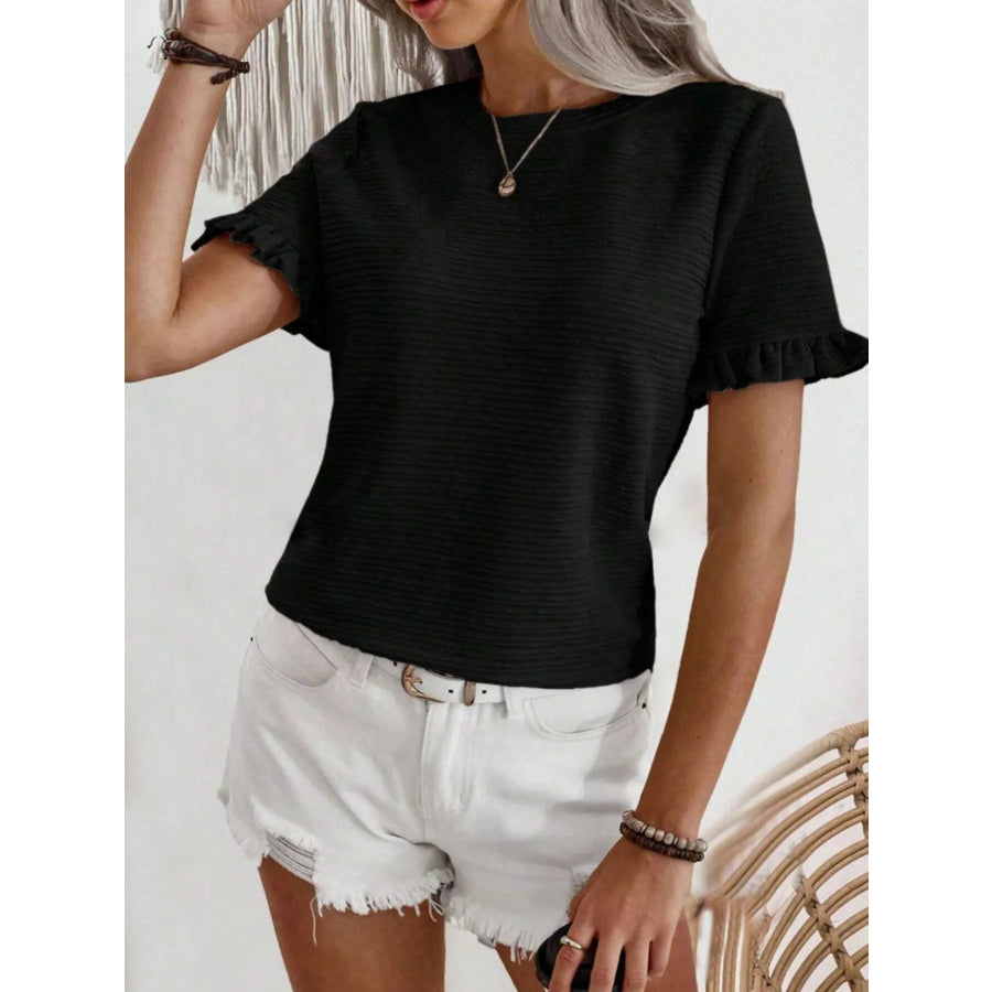 Textured Ruffle Sleeve Round Neck T-Shirt Apparel and Accessories