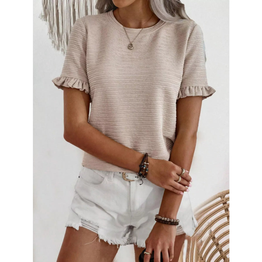 Textured Ruffle Sleeve Round Neck T-Shirt Apparel and Accessories