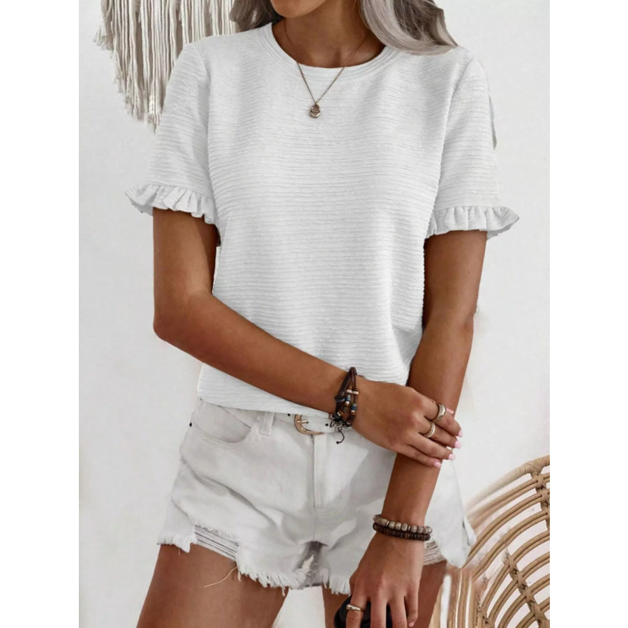 Textured Ruffle Sleeve Round Neck T-Shirt Apparel and Accessories