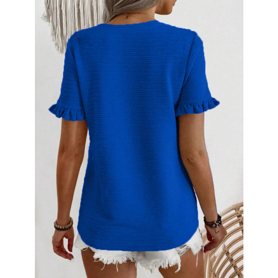 Textured Ruffle Sleeve Round Neck T-Shirt Apparel and Accessories