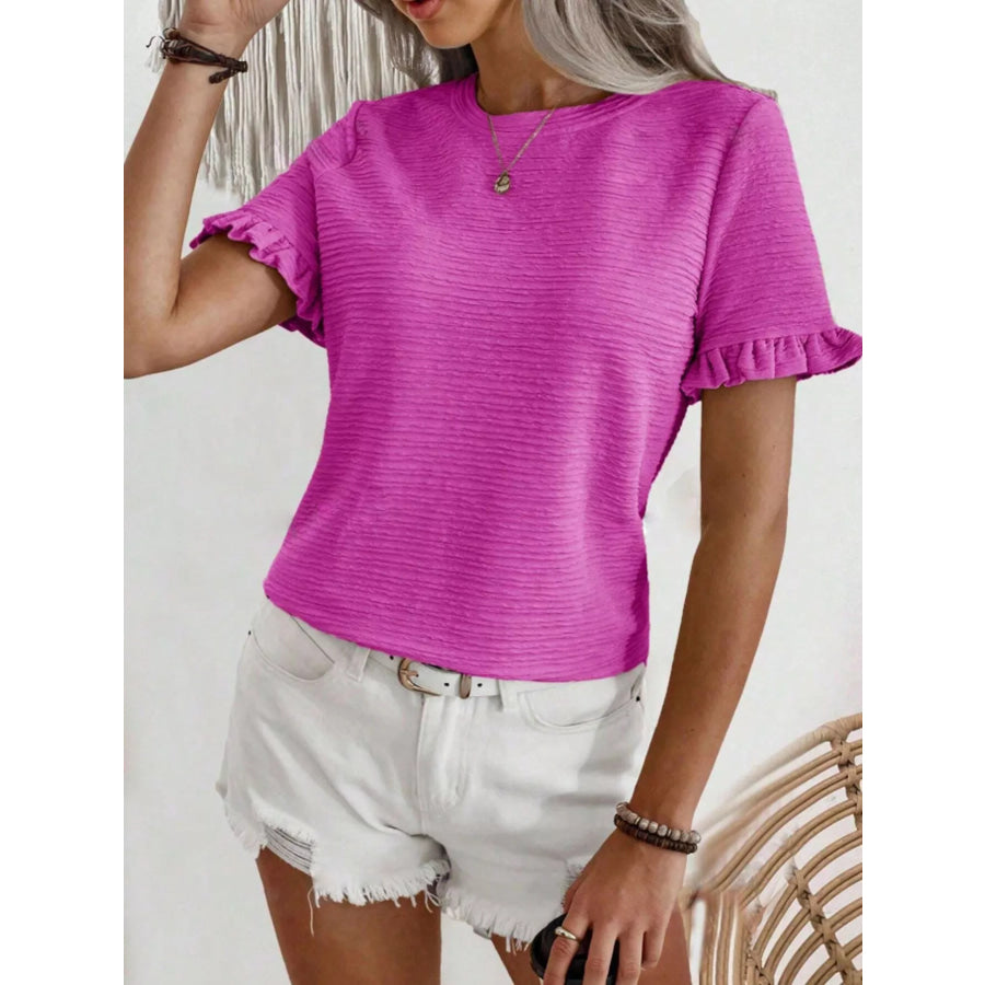 Textured Ruffle Sleeve Round Neck T-Shirt Apparel and Accessories