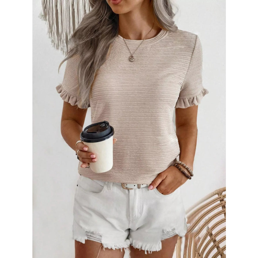 Textured Ruffle Sleeve Round Neck T-Shirt Apparel and Accessories