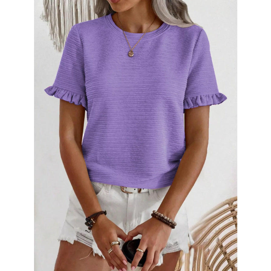 Textured Ruffle Sleeve Round Neck T-Shirt Apparel and Accessories