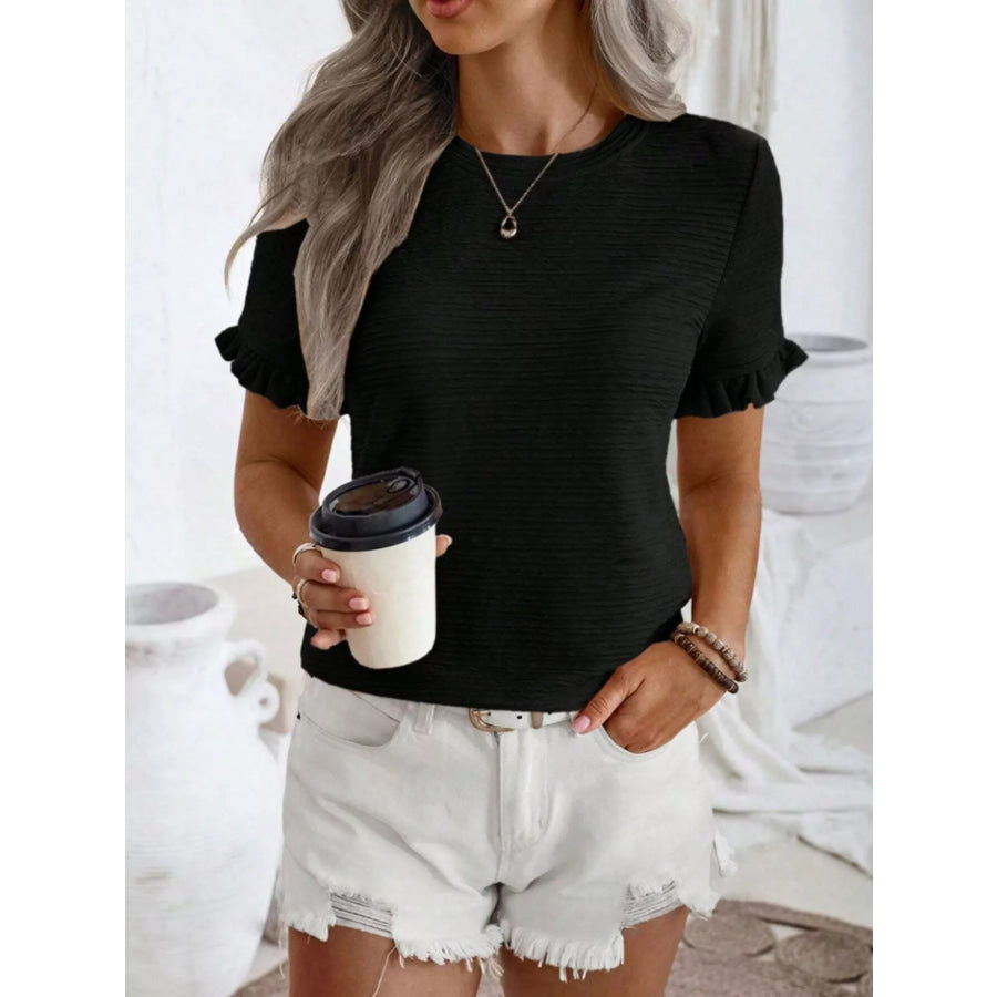 Textured Ruffle Sleeve Round Neck T-Shirt Apparel and Accessories