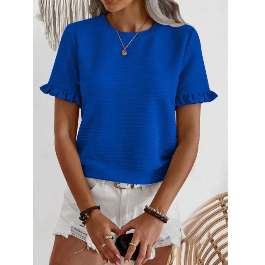 Textured Ruffle Sleeve Round Neck T-Shirt Apparel and Accessories