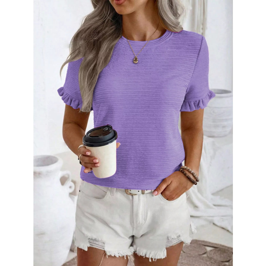 Textured Ruffle Sleeve Round Neck T-Shirt Apparel and Accessories