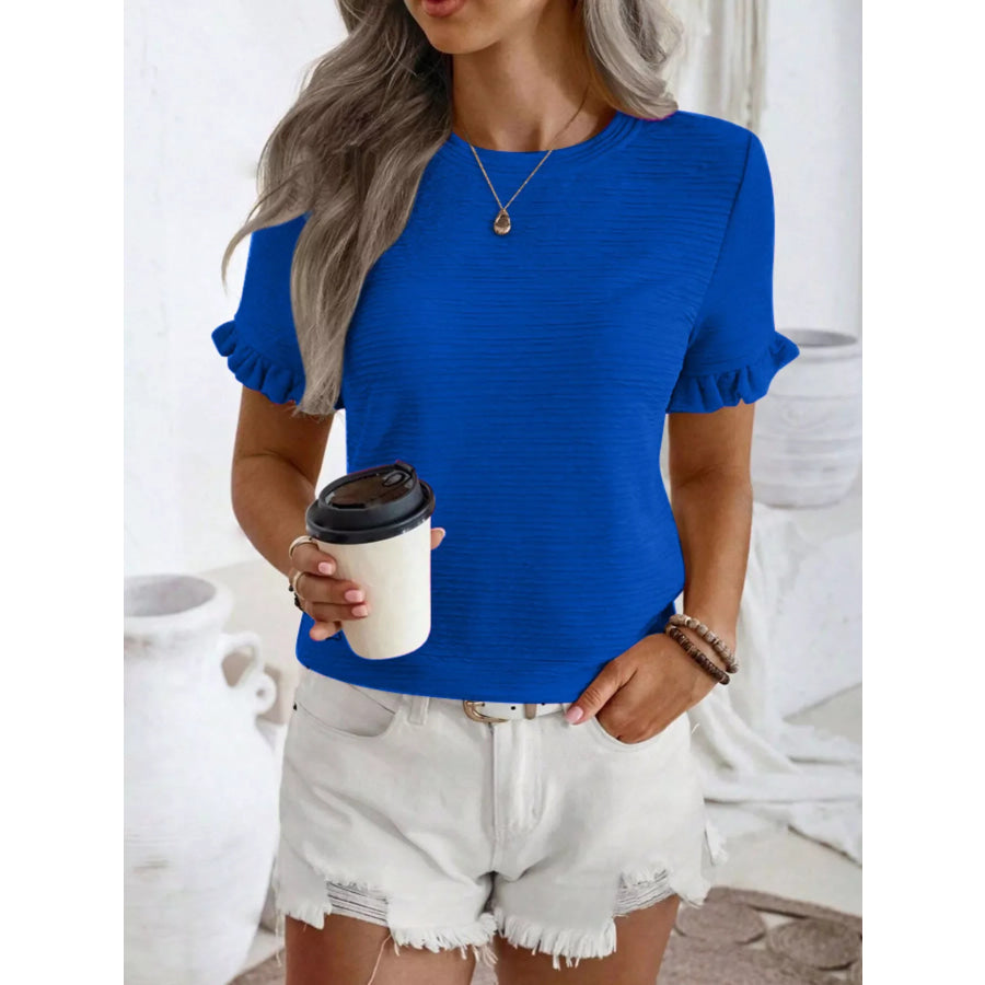 Textured Ruffle Sleeve Round Neck T-Shirt Blue / S Apparel and Accessories