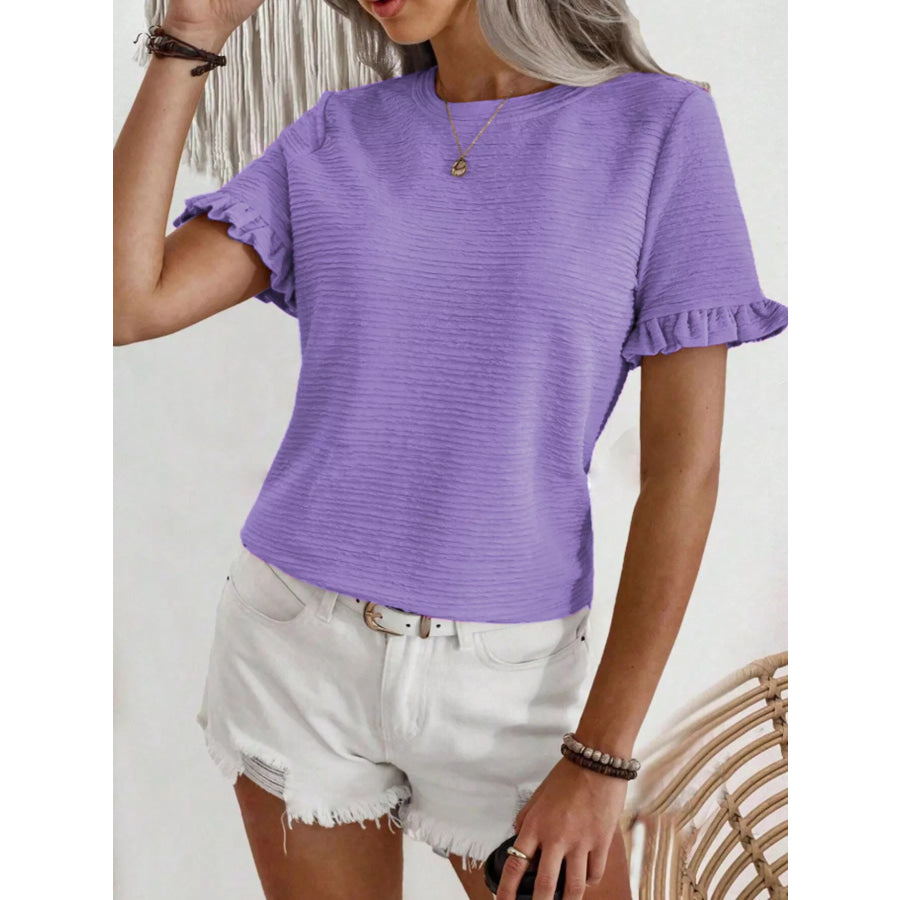 Textured Ruffle Sleeve Round Neck T-Shirt Purple / S Apparel and Accessories