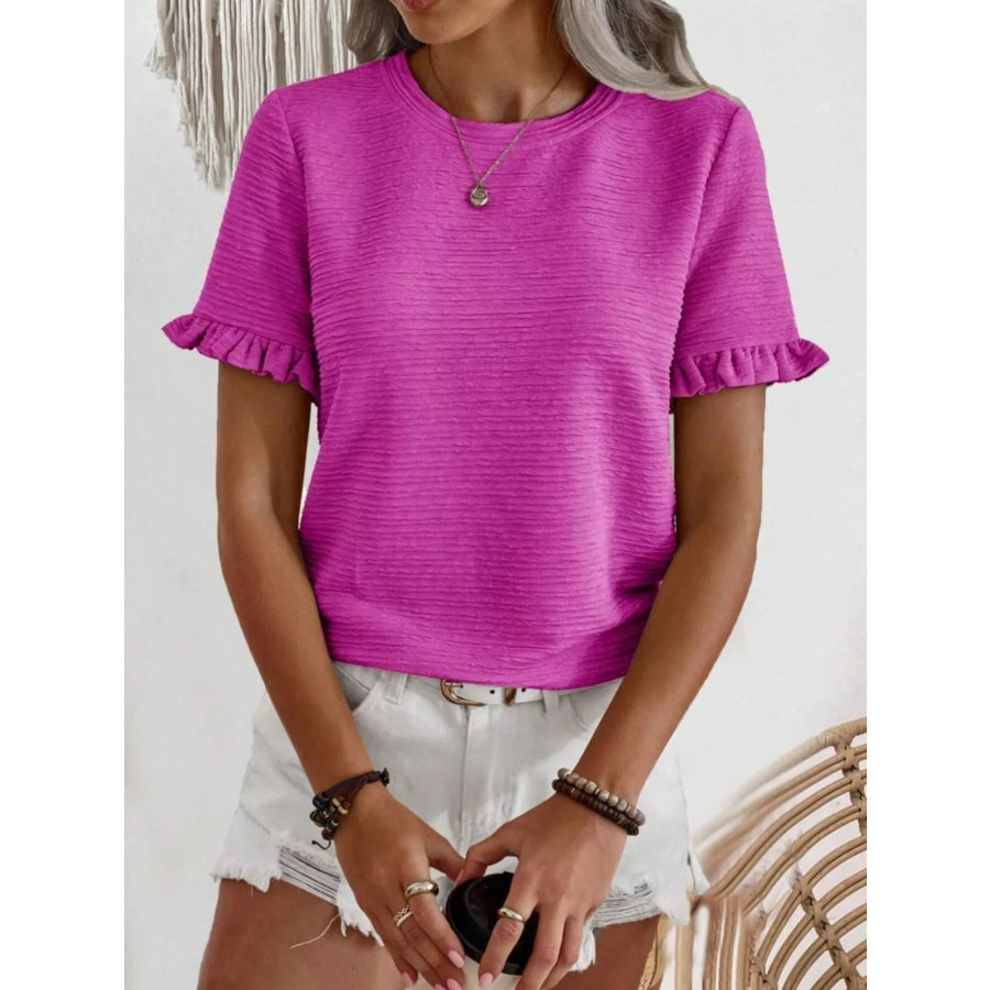 Textured Ruffle Sleeve Round Neck T-Shirt Rose Red / S Apparel and Accessories