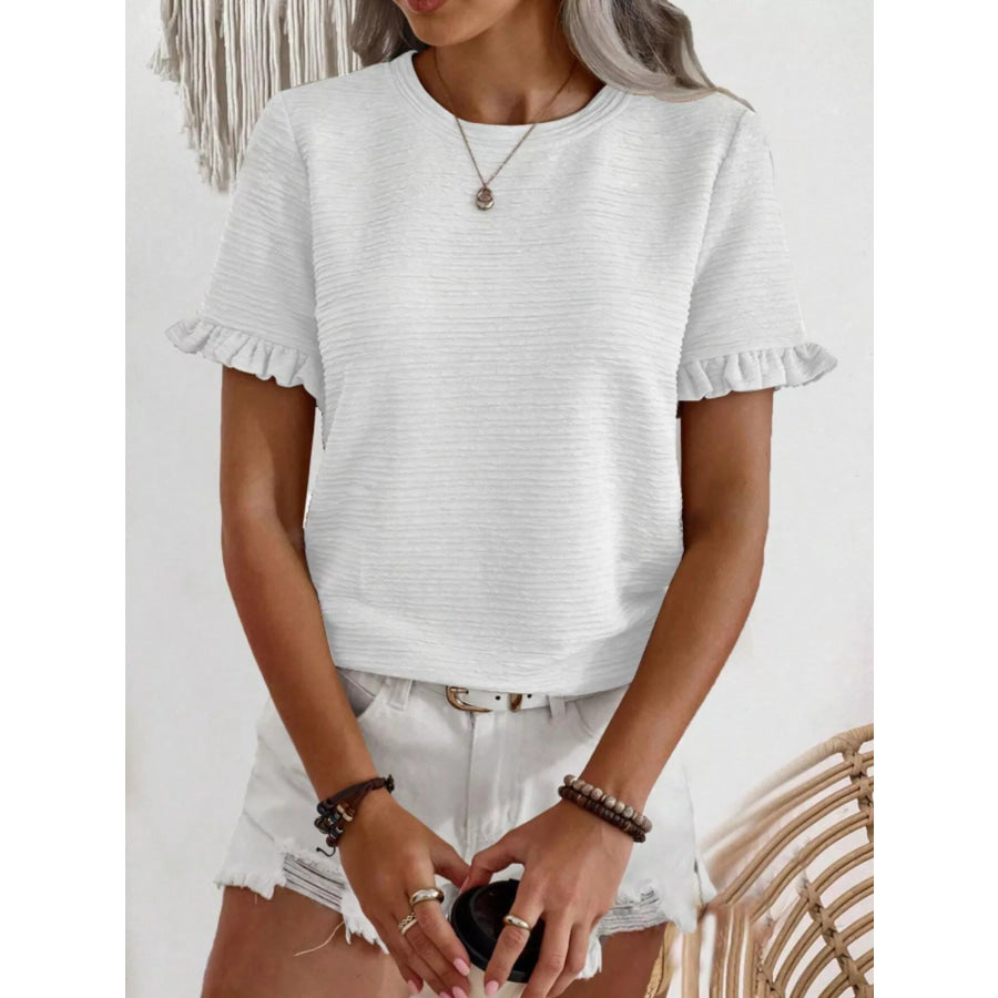 Textured Ruffle Sleeve Round Neck T-Shirt White / S Apparel and Accessories
