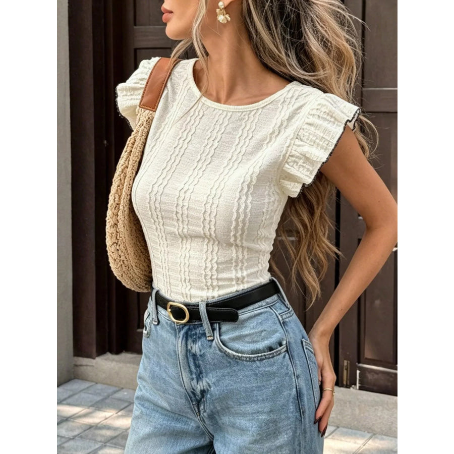 Textured Ruffle Sleeve Slim Fit Top Apparel and Accessories
