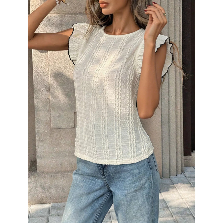 Textured Ruffle Sleeve Slim Fit Top Apparel and Accessories