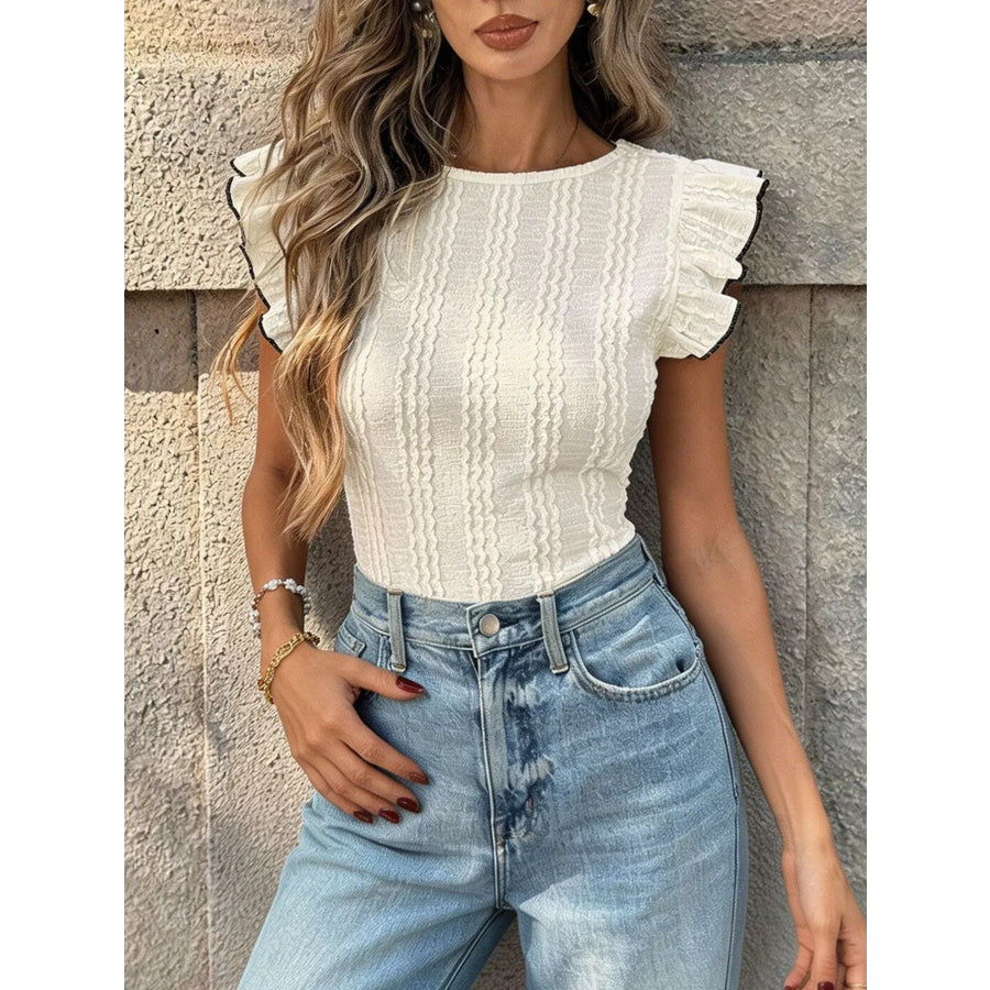 Textured Ruffle Sleeve Slim Fit Top Apparel and Accessories