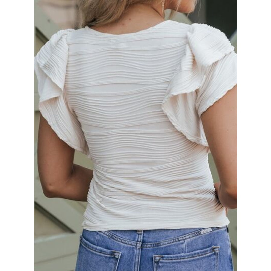 Textured Ruffled Round Neck T-Shirt Clothing