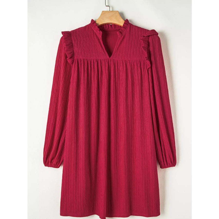 Textured Ruffled Trim Loose Fit Mini Dress Apparel and Accessories