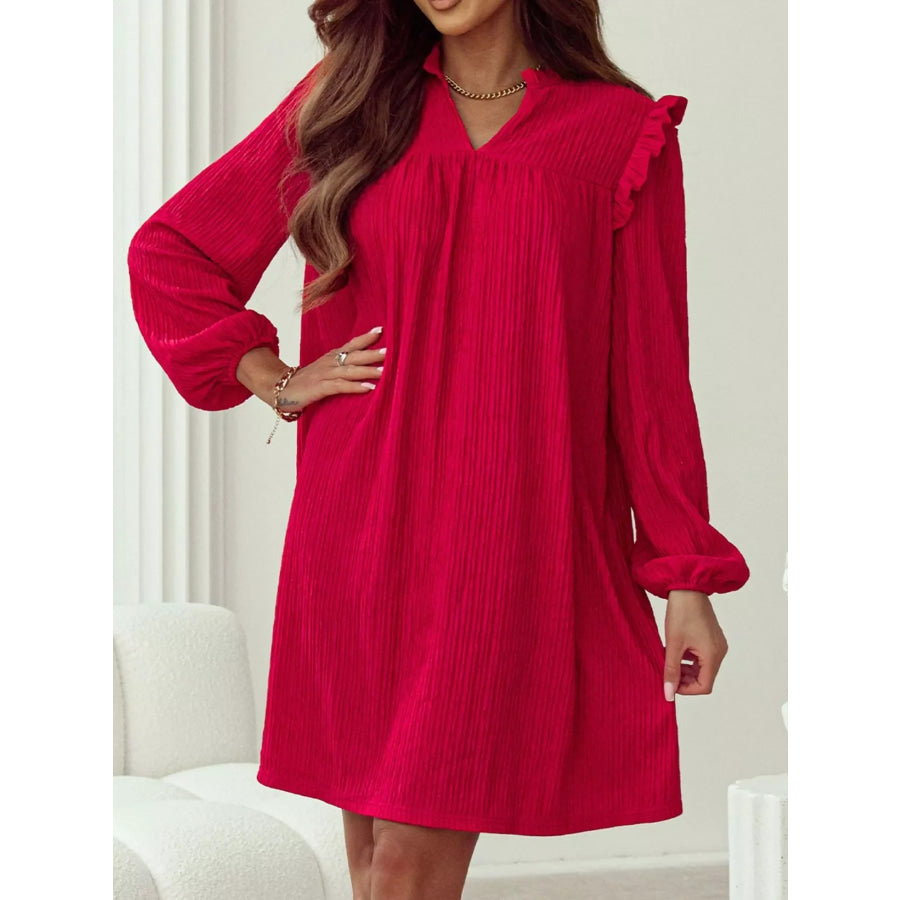 Textured Ruffled Trim Loose Fit Mini Dress Apparel and Accessories