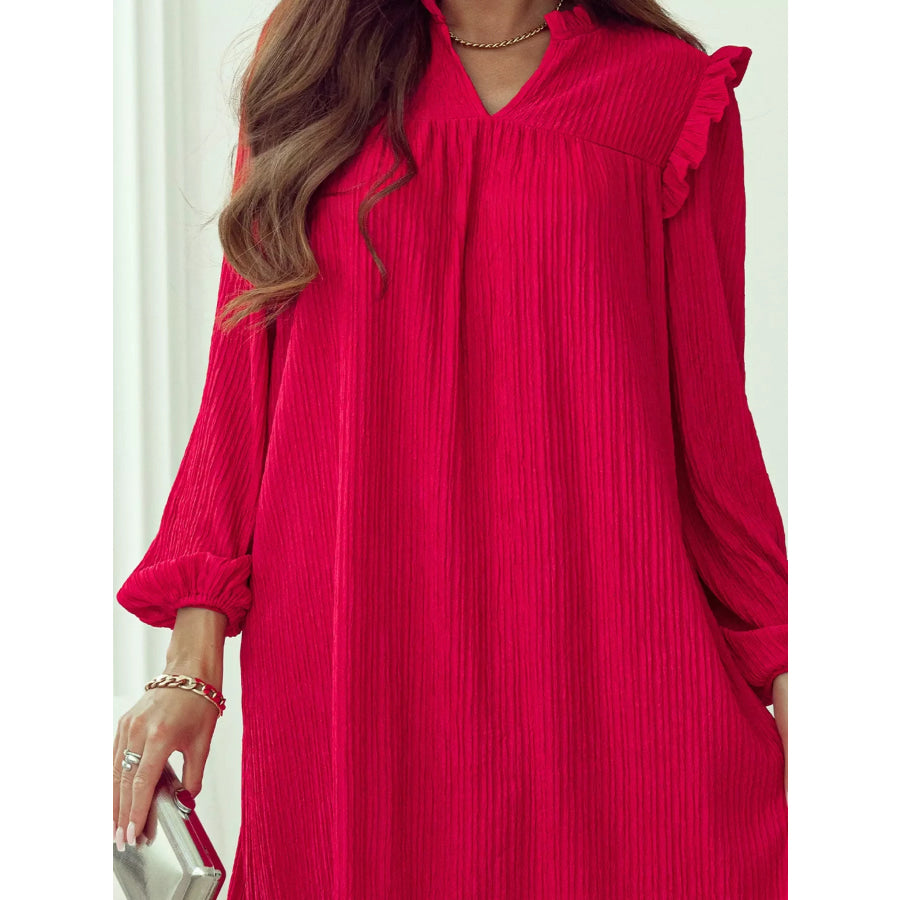 Textured Ruffled Trim Loose Fit Mini Dress Apparel and Accessories