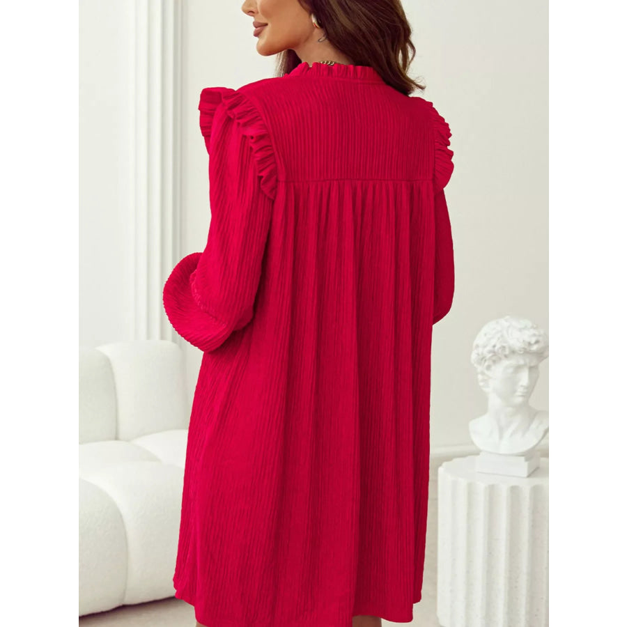 Textured Ruffled Trim Loose Fit Mini Dress Apparel and Accessories