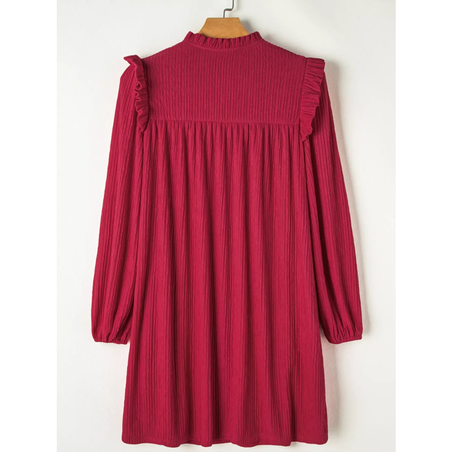 Textured Ruffled Trim Loose Fit Mini Dress Apparel and Accessories