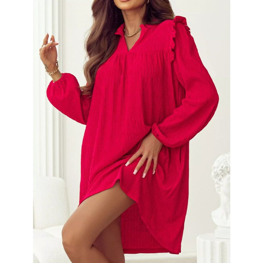 Textured Ruffled Trim Loose Fit Mini Dress Apparel and Accessories