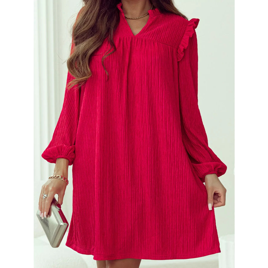 Textured Ruffled Trim Loose Fit Mini Dress Apparel and Accessories