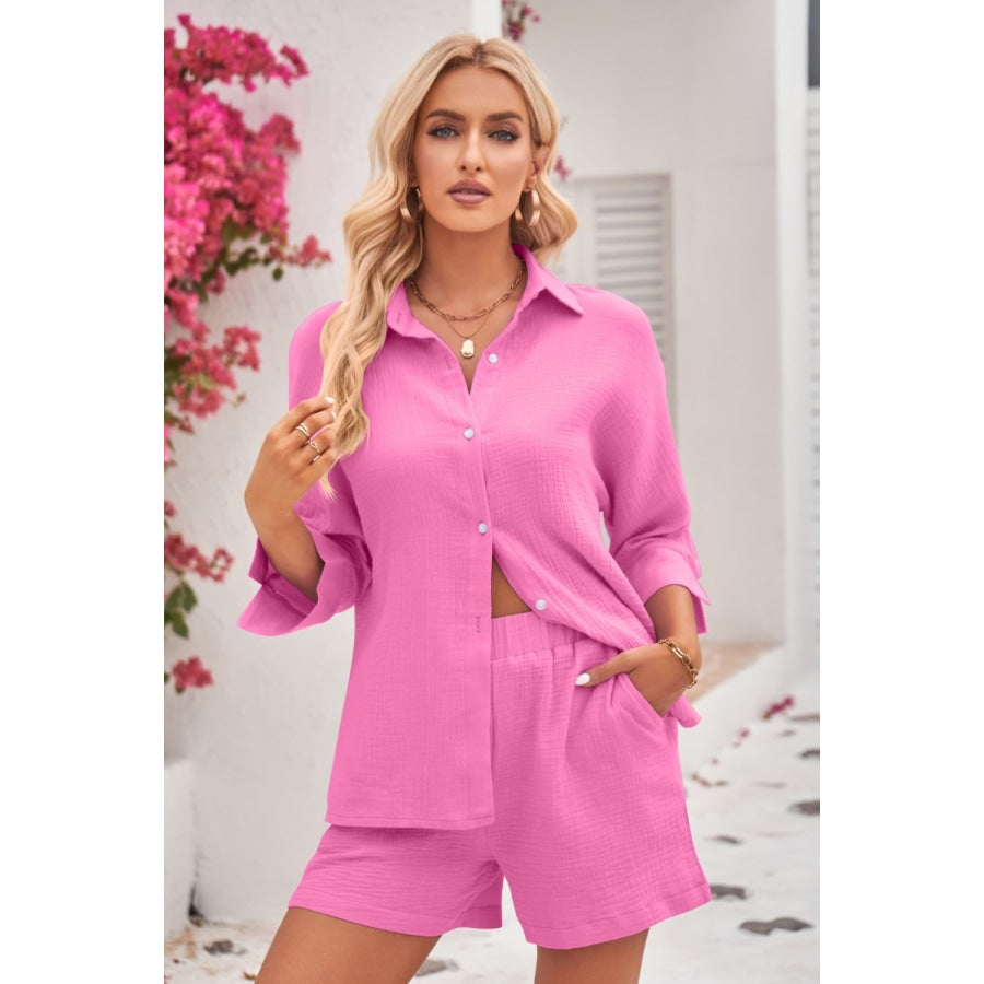 Textured Shirt and Elastic Waist Short with Pockets Fuchsia Pink / S