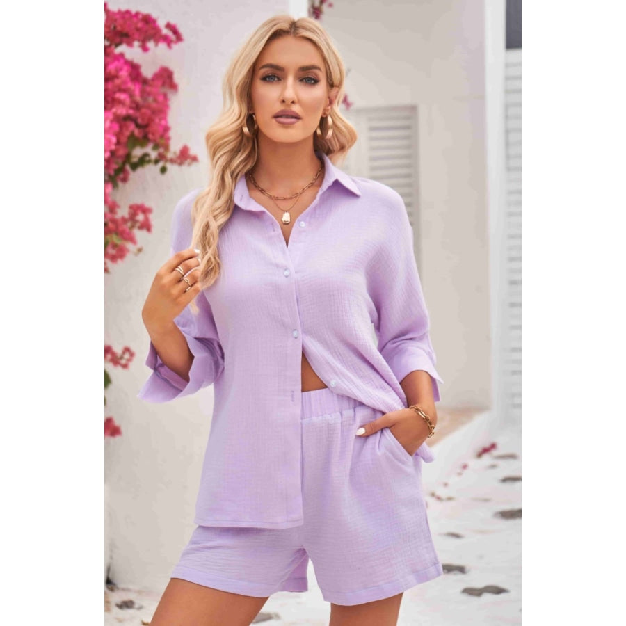 Textured Shirt and Elastic Waist Short with Pockets Heliotrope Purple / S