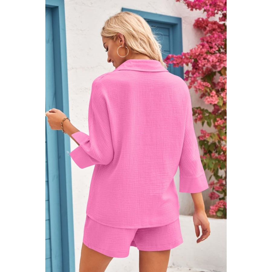 Textured Shirt and Elastic Waist Short with Pockets Fuchsia Pink / S