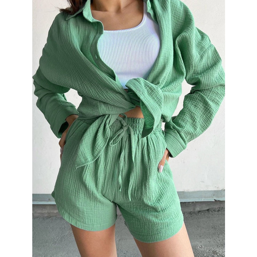 Textured Shirt and Shorts Set Mid Green / S