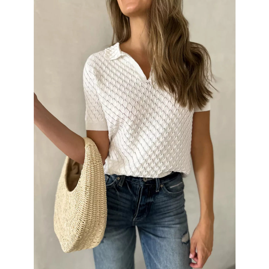 Textured Short Sleeve Knit Top White / S Apparel and Accessories