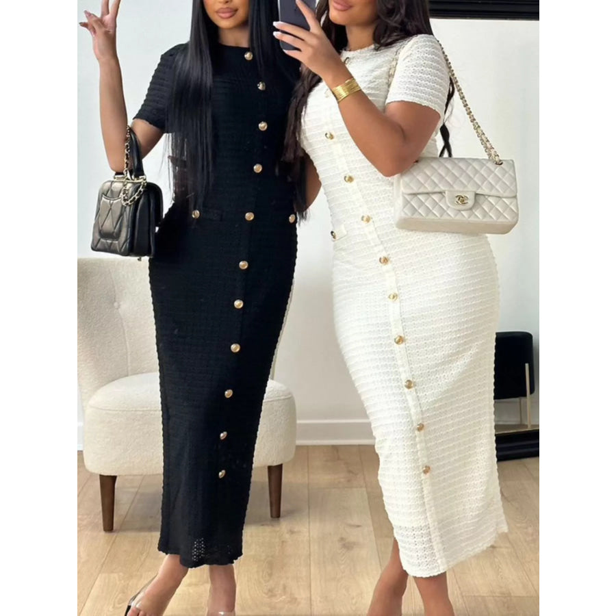 Textured Short Sleeve Midi Dress Apparel and Accessories