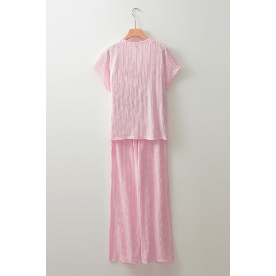 Textured Short Sleeve Top and Pocketed Wide Leg Pants Apparel and Accessories