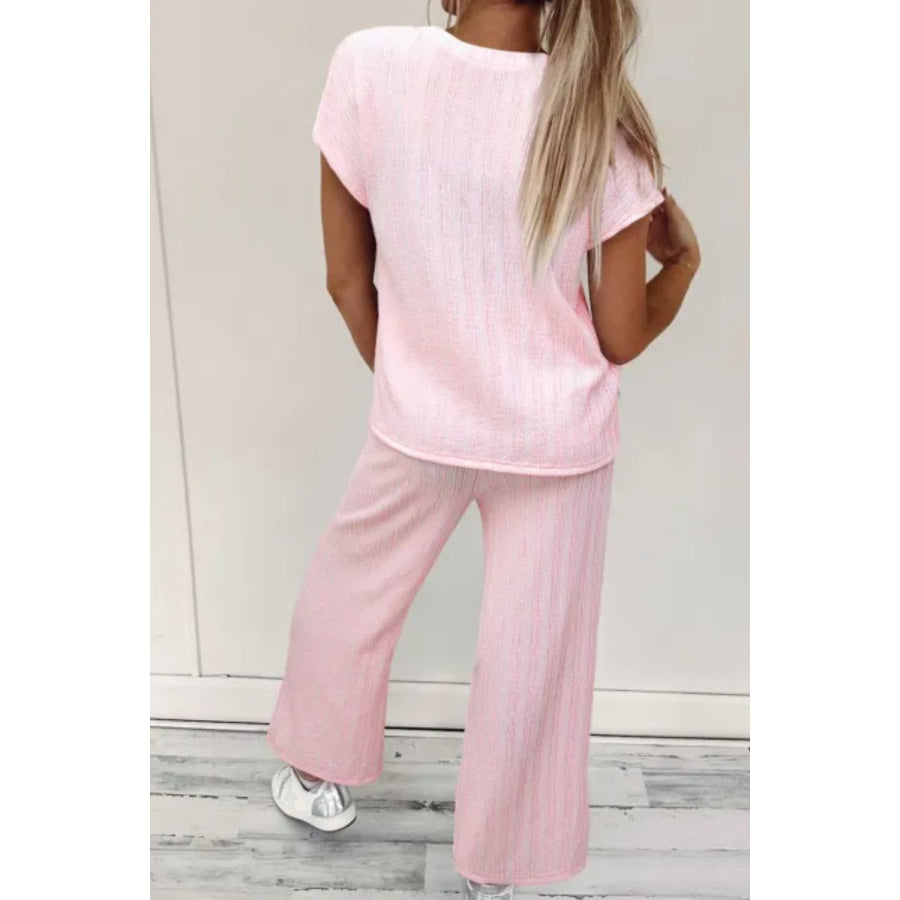 Textured Short Sleeve Top and Pocketed Wide Leg Pants Blush Pink / S Apparel and Accessories
