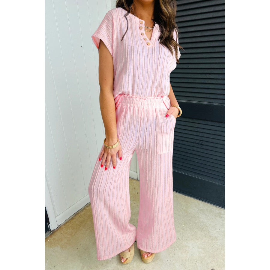 Textured Short Sleeve Top and Pocketed Wide Leg Pants Blush Pink / S Apparel and Accessories
