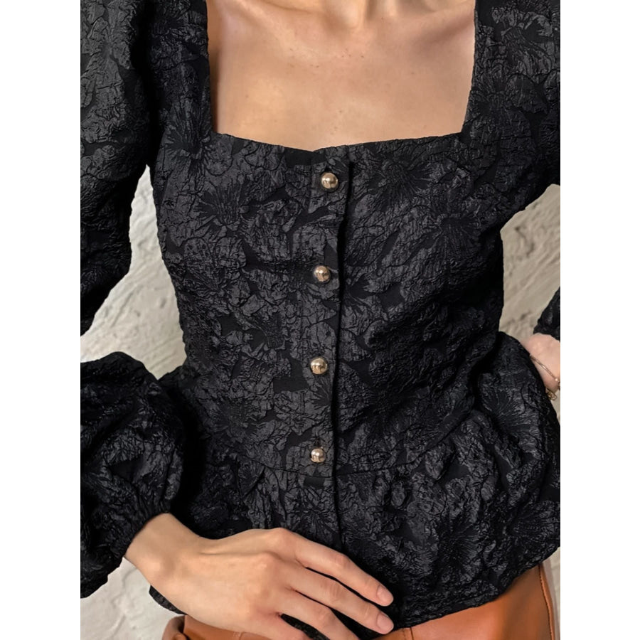 Textured Square Neck Balloon Sleeve Shirt Apparel and Accessories