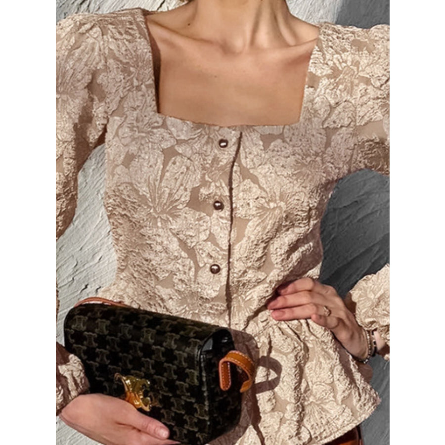 Textured Square Neck Balloon Sleeve Shirt Apparel and Accessories