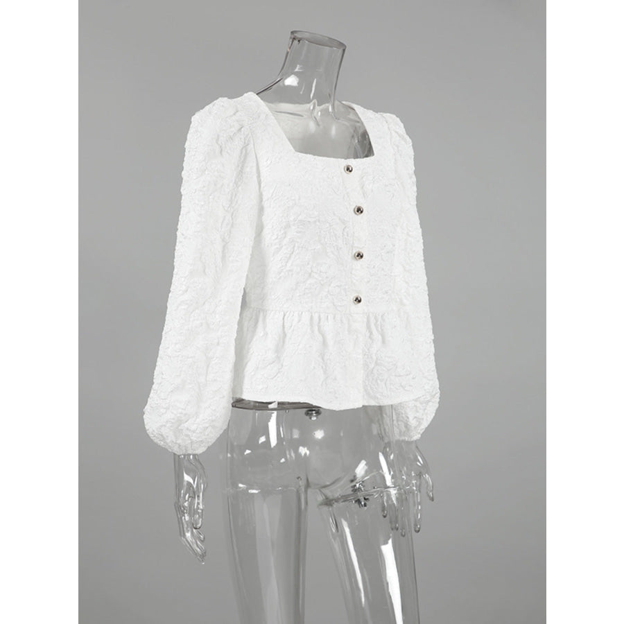 Textured Square Neck Balloon Sleeve Shirt Apparel and Accessories