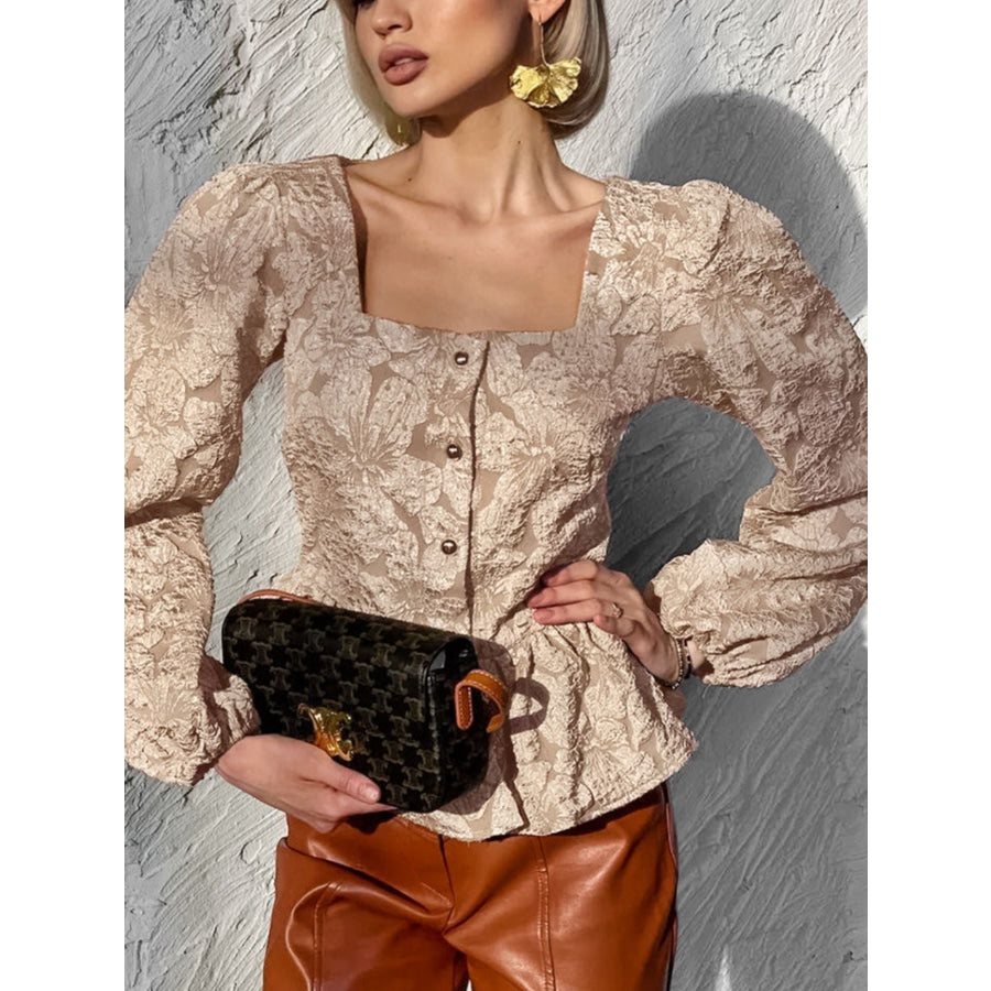 Textured Square Neck Balloon Sleeve Shirt Apparel and Accessories