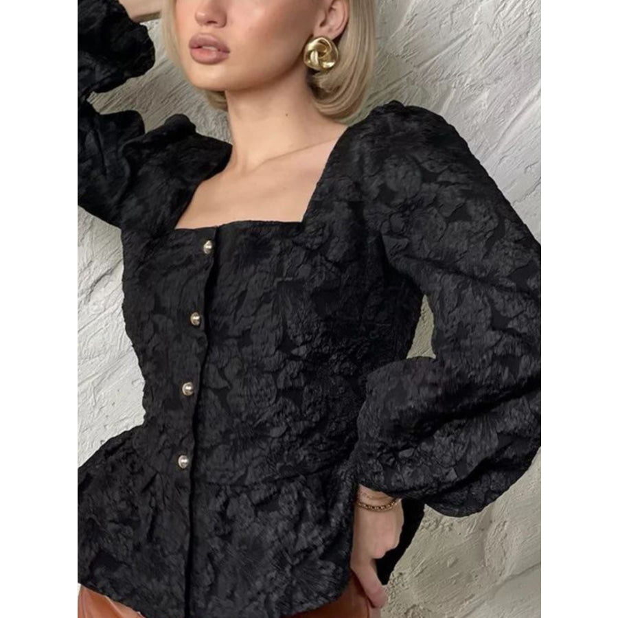 Textured Square Neck Balloon Sleeve Shirt Apparel and Accessories