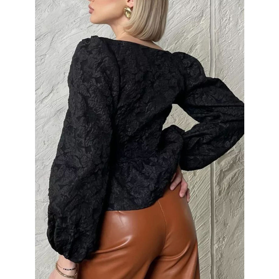 Textured Square Neck Balloon Sleeve Shirt Apparel and Accessories