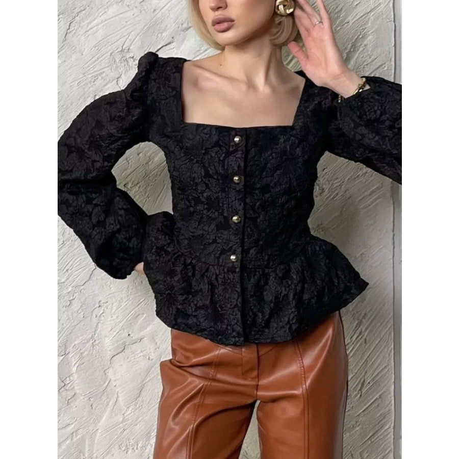 Textured Square Neck Balloon Sleeve Shirt Black / S Apparel and Accessories
