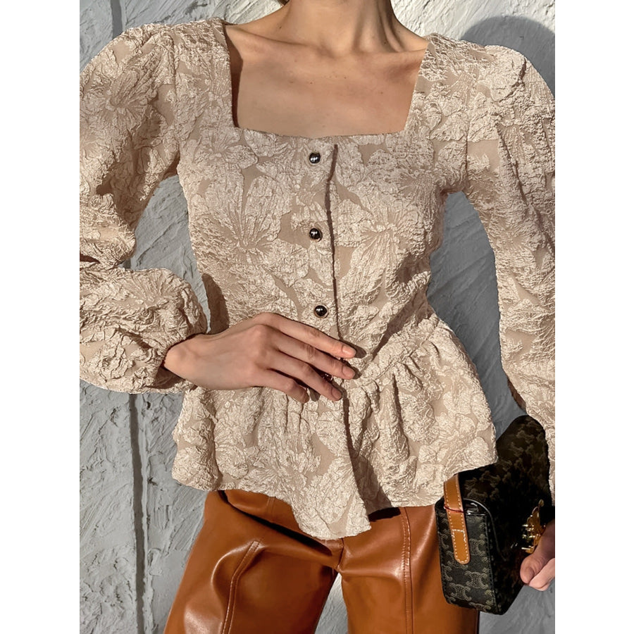 Textured Square Neck Balloon Sleeve Shirt Khaki / S Apparel and Accessories