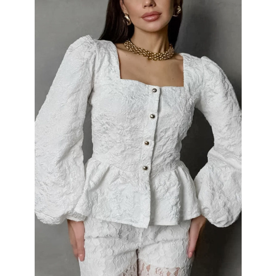 Textured Square Neck Balloon Sleeve Shirt White / S Apparel and Accessories