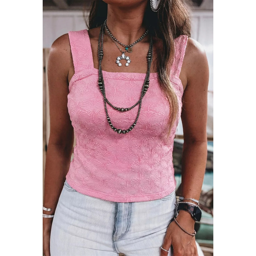 Textured Square Neck Tank Pink / S Apparel and Accessories