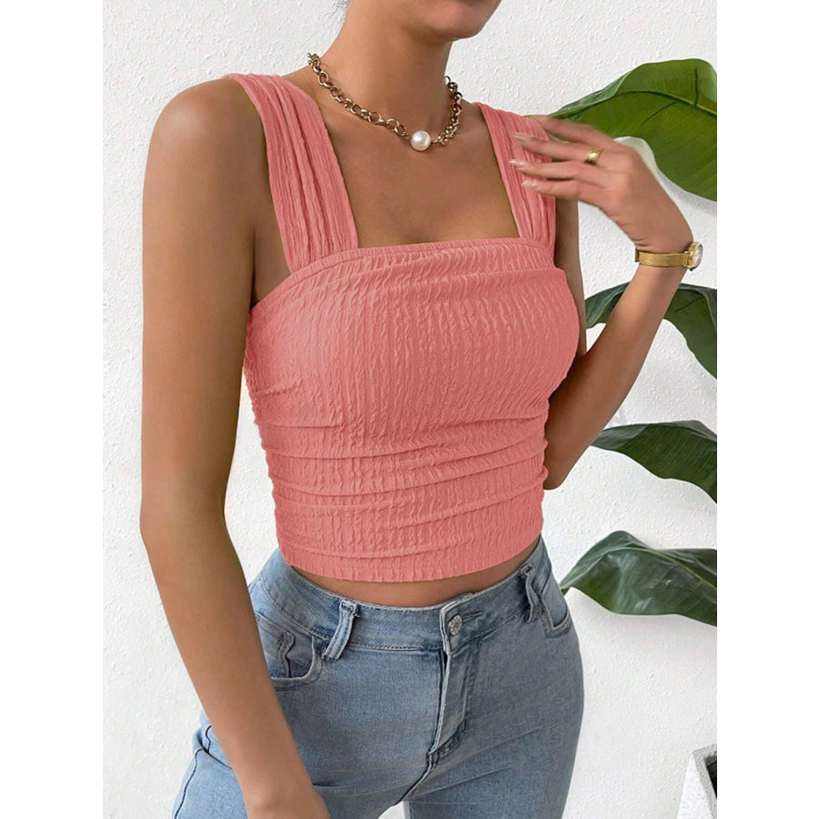 Textured Square Neck Wide Strap Tank Coral / S Apparel and Accessories