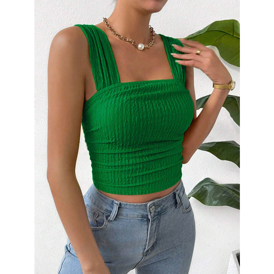 Textured Square Neck Wide Strap Tank Mid Green / S Apparel and Accessories