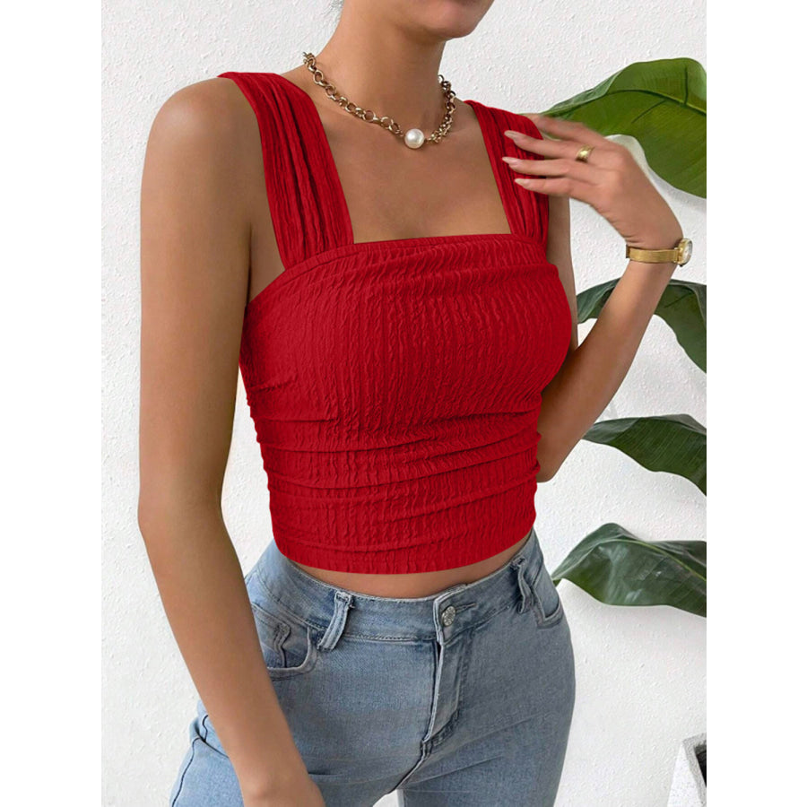 Textured Square Neck Wide Strap Tank Scarlet / S Apparel and Accessories
