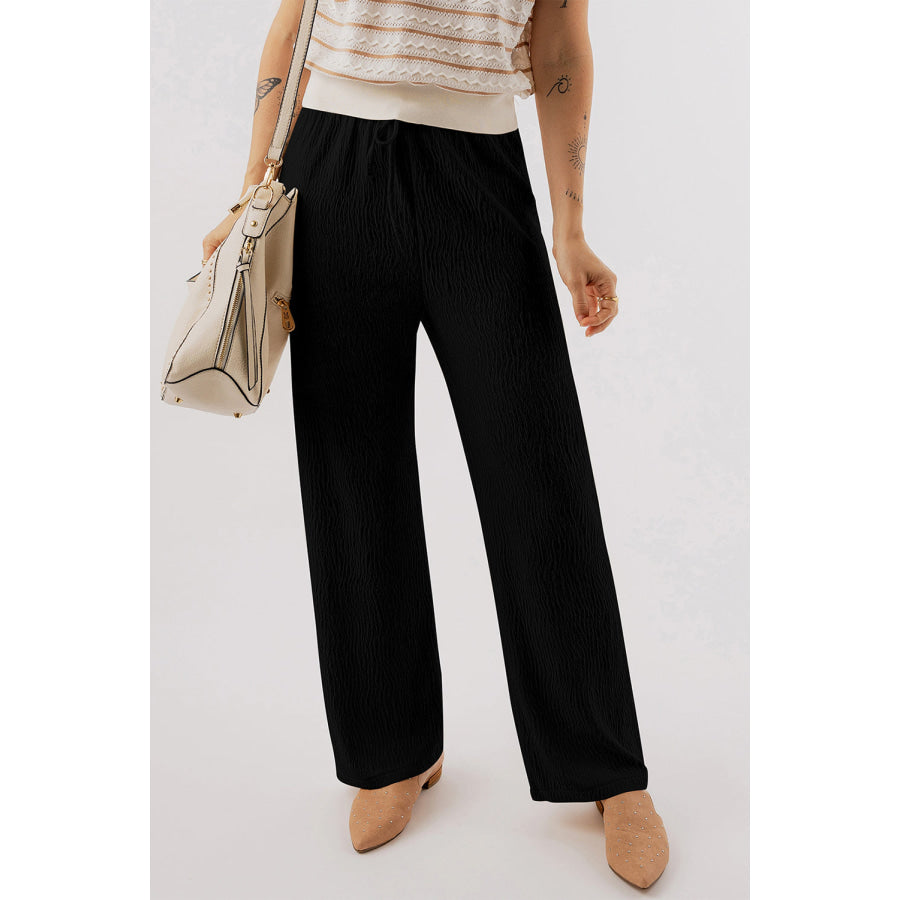 Textured Straight Leg Pants Black / S Apparel and Accessories