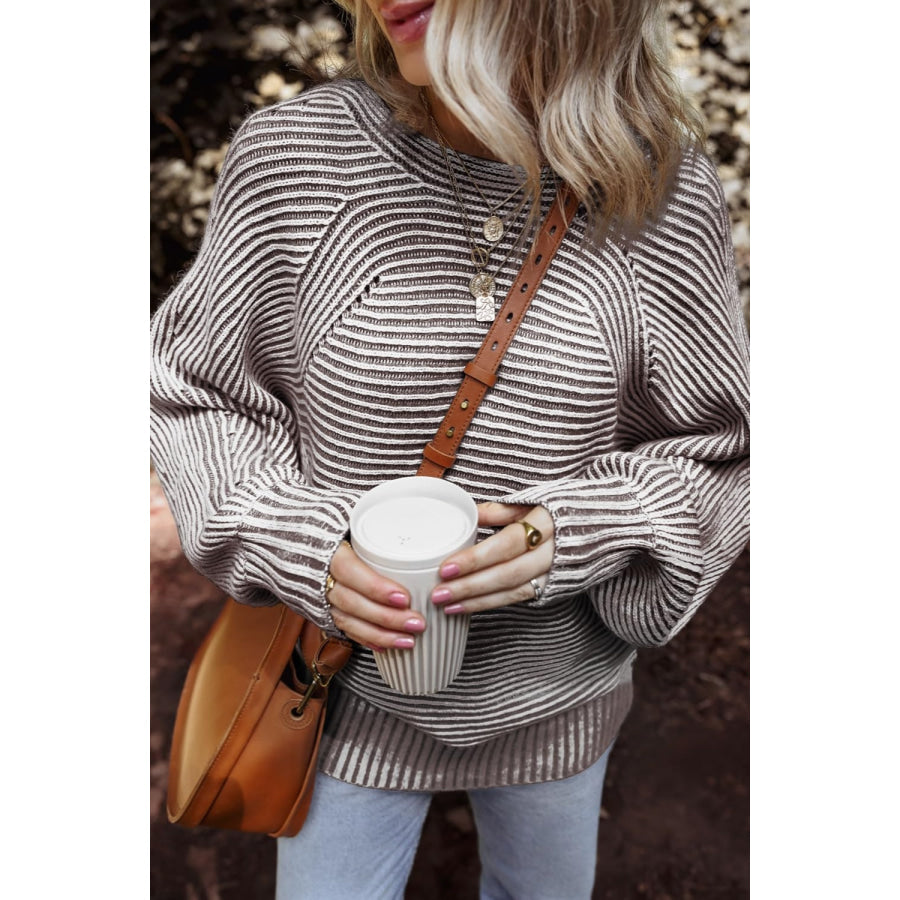 Textured Striped Round Neck Long Sleeve Top Apparel and Accessories