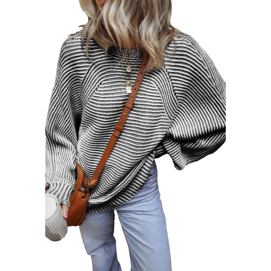 Textured Striped Round Neck Long Sleeve Top Apparel and Accessories